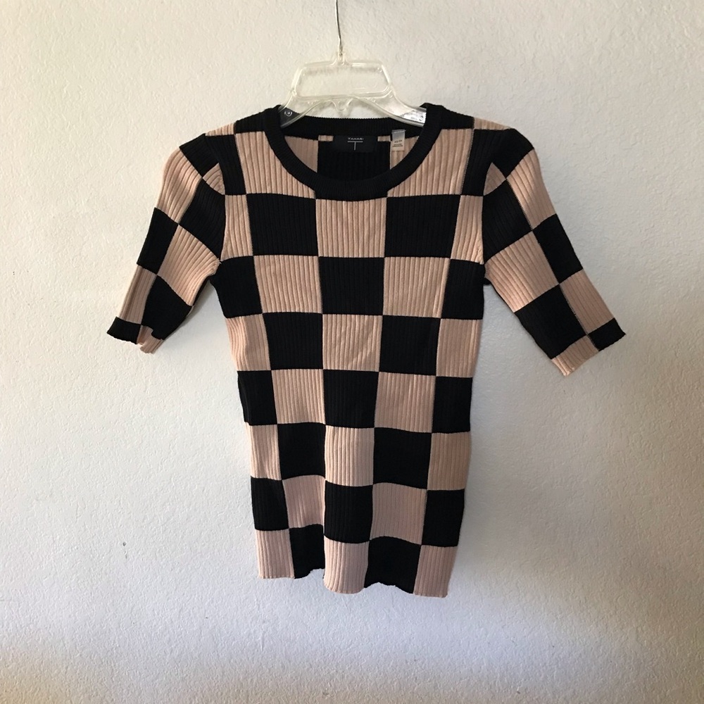 Tahari Black and Tan Checkered Short Sleeve Top